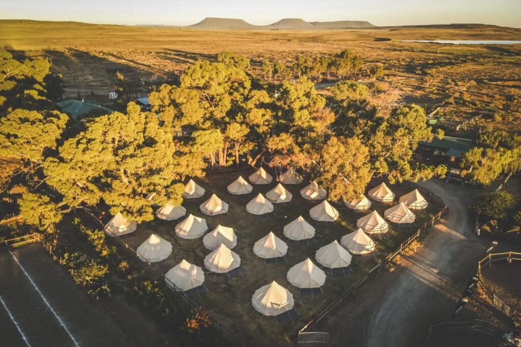 Wedding glamping village set up at event location